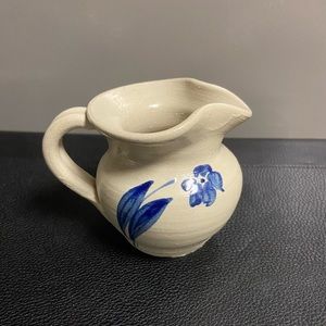 Vintage Williamsburg Pottery Creamer/Pitcher with blue flower.  Salt glazed.